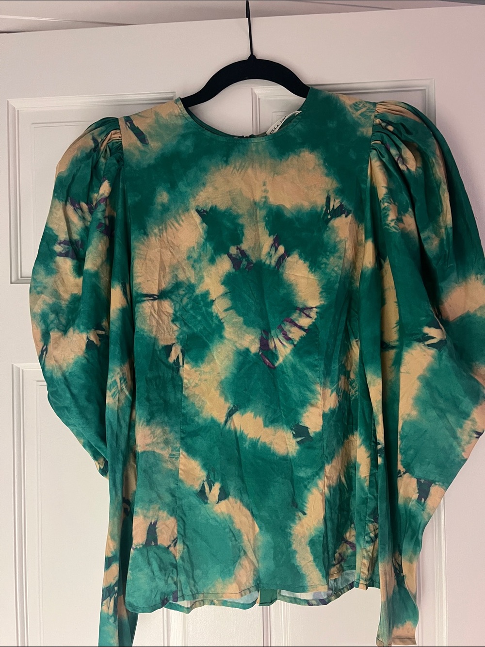 Ulla Johnson Green & Cream Tie-Dye Puff Sleeve Blouse